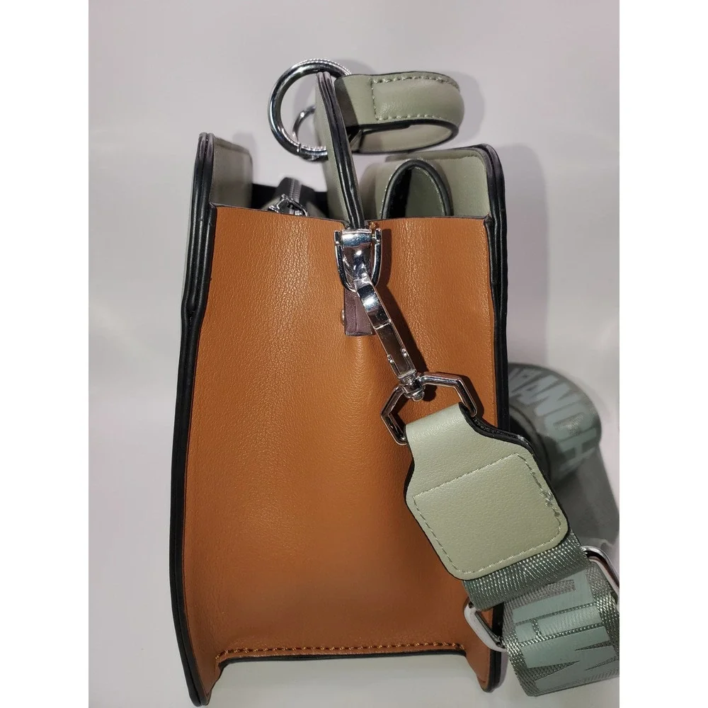 Milanchiva Sage Green Cognac Brown Satchel Handbag Crossbody with Coin Purse
